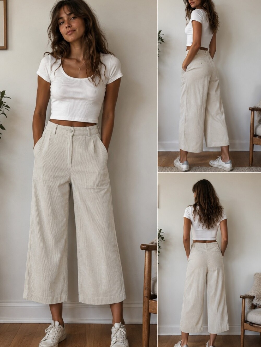 High-Rise Wide Leg Cropped Pants — Cream